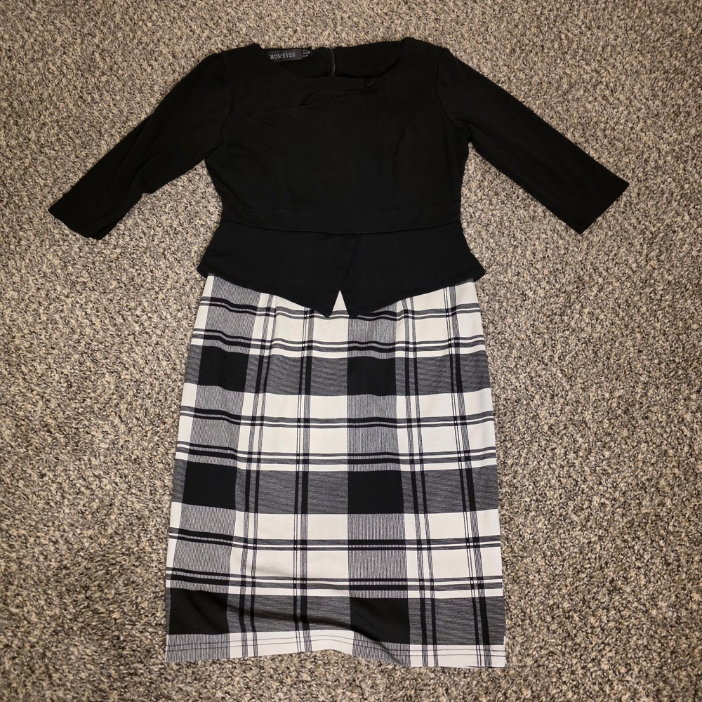 Homeyee Womens Black Peplum Plaid Sheath‎ Dress 3/4 Sleeve Size 6 Medium